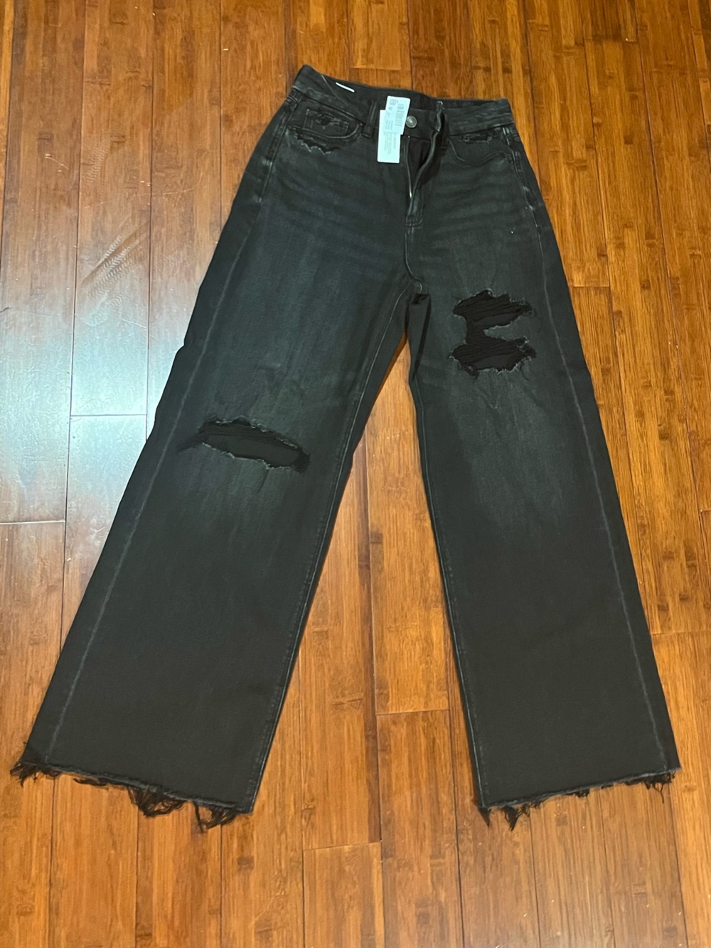 American Eagle Outfitters Women's Black High-Rise Distressed Wide-Leg Jeans